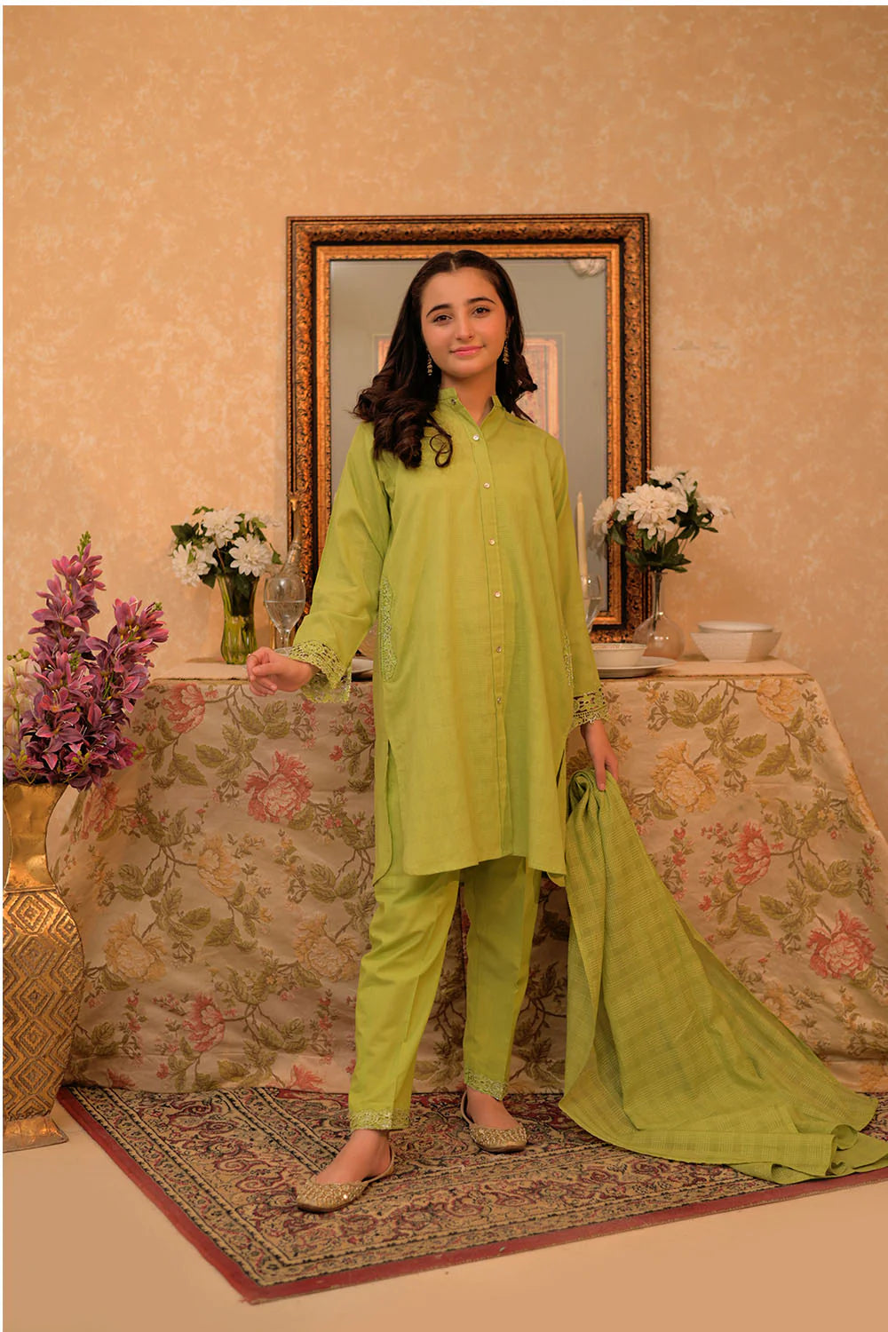 GAD-02908 | Parrot Green | Casual 3 Piece Suit | Cotton Self dobby