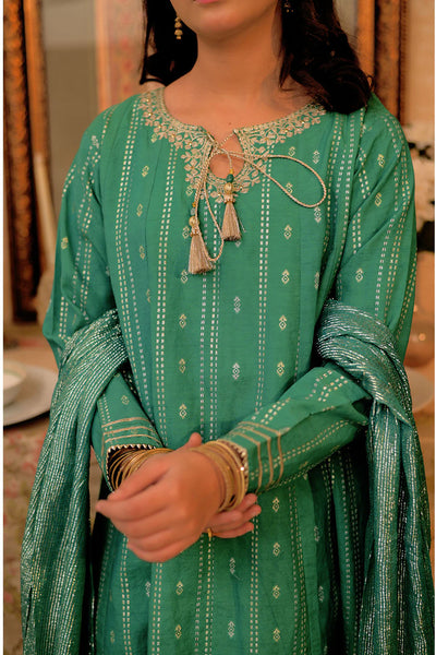 GBD-02891 | Turquoise Green & Gold | Casual Plus 3 Piece Suit | Viscose Cotton Filament Jacquard