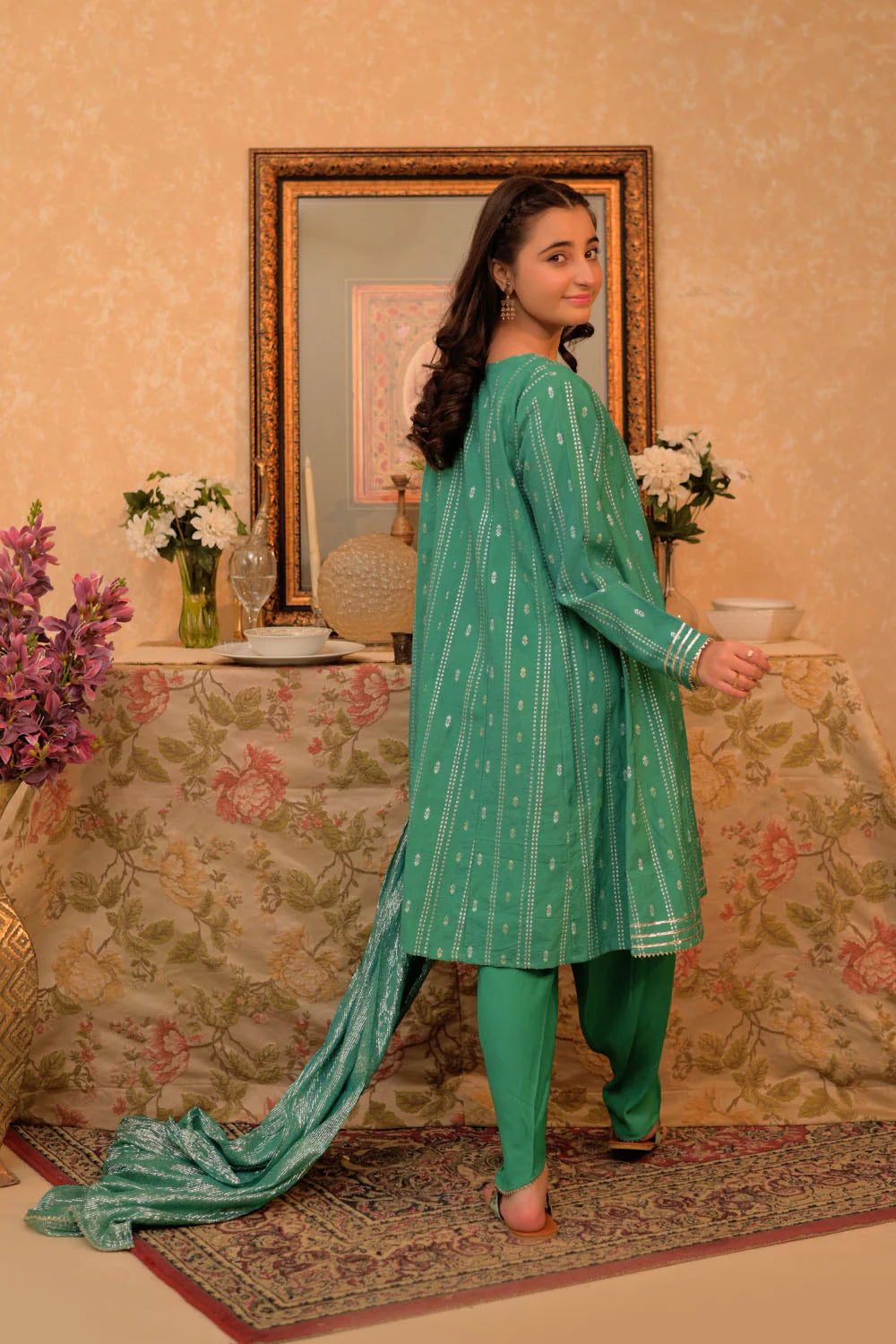 GBD-02891 | Turquoise Green & Gold | Casual Plus 3 Piece Suit | Viscose Cotton Filament Jacquard