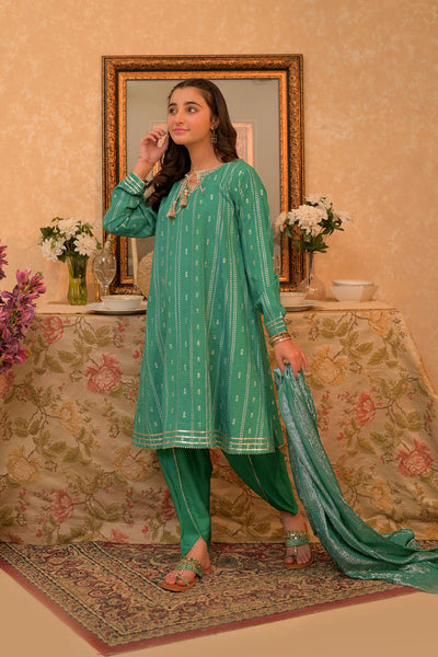 GBD-02891 | Turquoise Green & Gold | Casual Plus 3 Piece Suit | Viscose Cotton Filament Jacquard