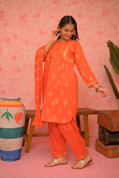 GBD-02874 |Orange & Gold | Casual Plus 3 Piece Suit | Cotton Jacquard