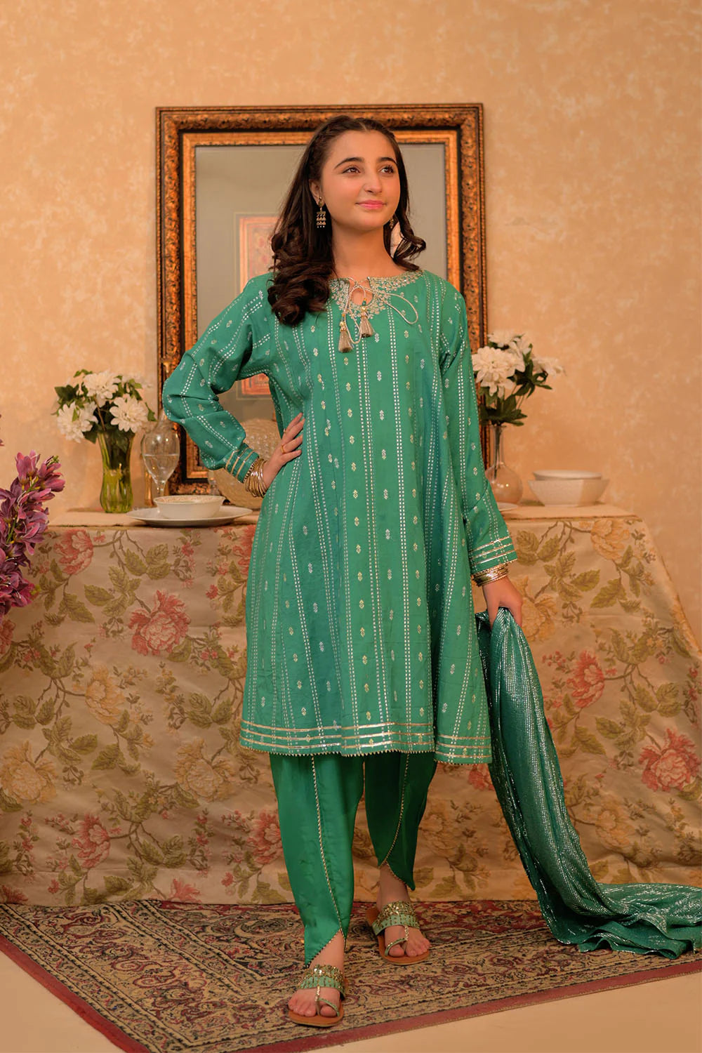 GBD-02891 | Turquoise Green & Gold | Casual Plus 3 Piece Suit | Viscose Cotton Filament Jacquard