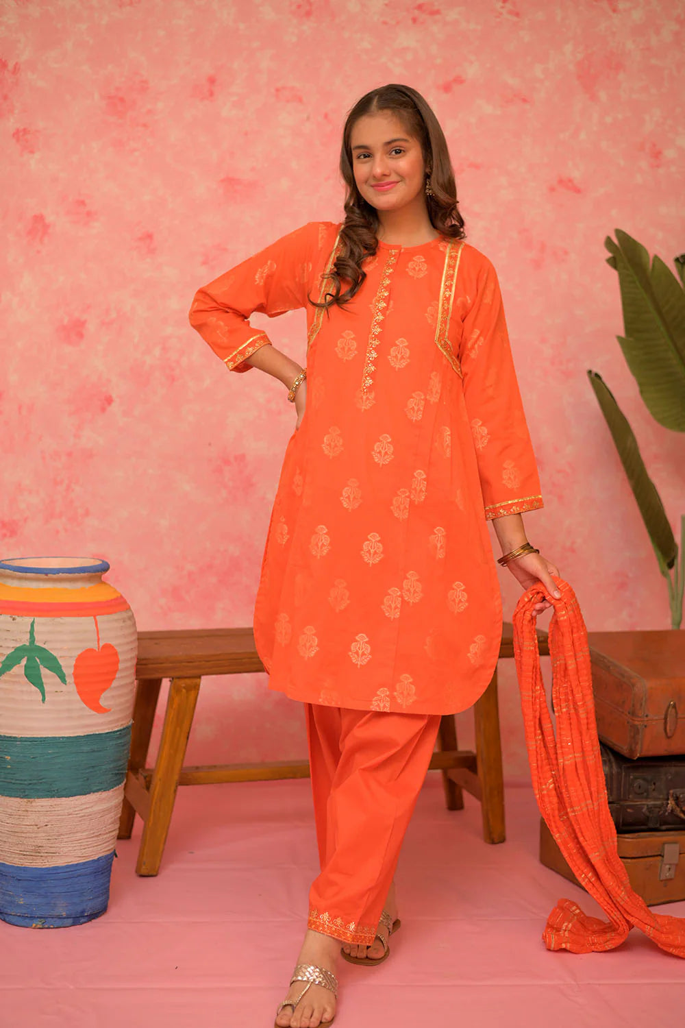 GBD-02874 |Orange & Gold | Casual Plus 3 Piece Suit | Cotton Jacquard