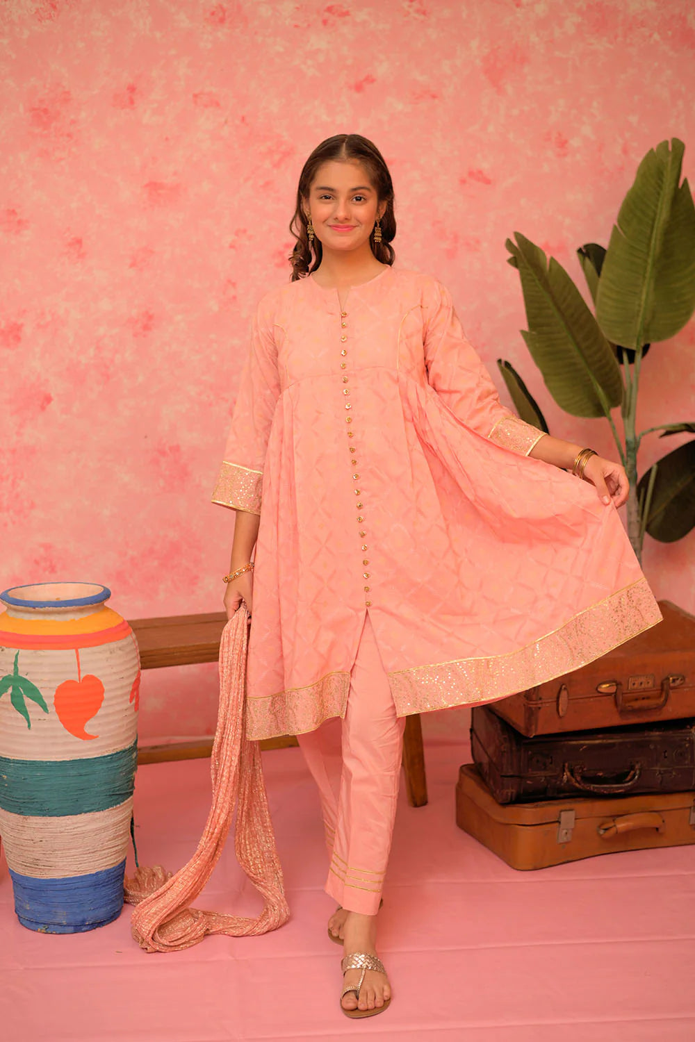 GBD-02899 | Peach & Gold | Casual Plus 3 Piece Suit | Viscose Filament Jacquard