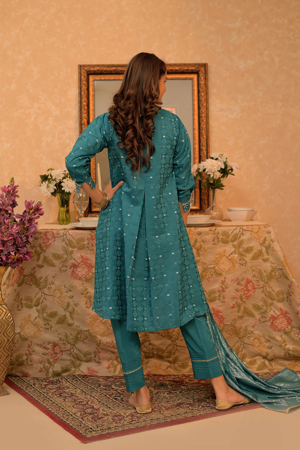 GBD-02864 | Turquoise Blue & Gold | Casual Plus 3 Piece Suit | Cotton Viscose Filament Jacquard