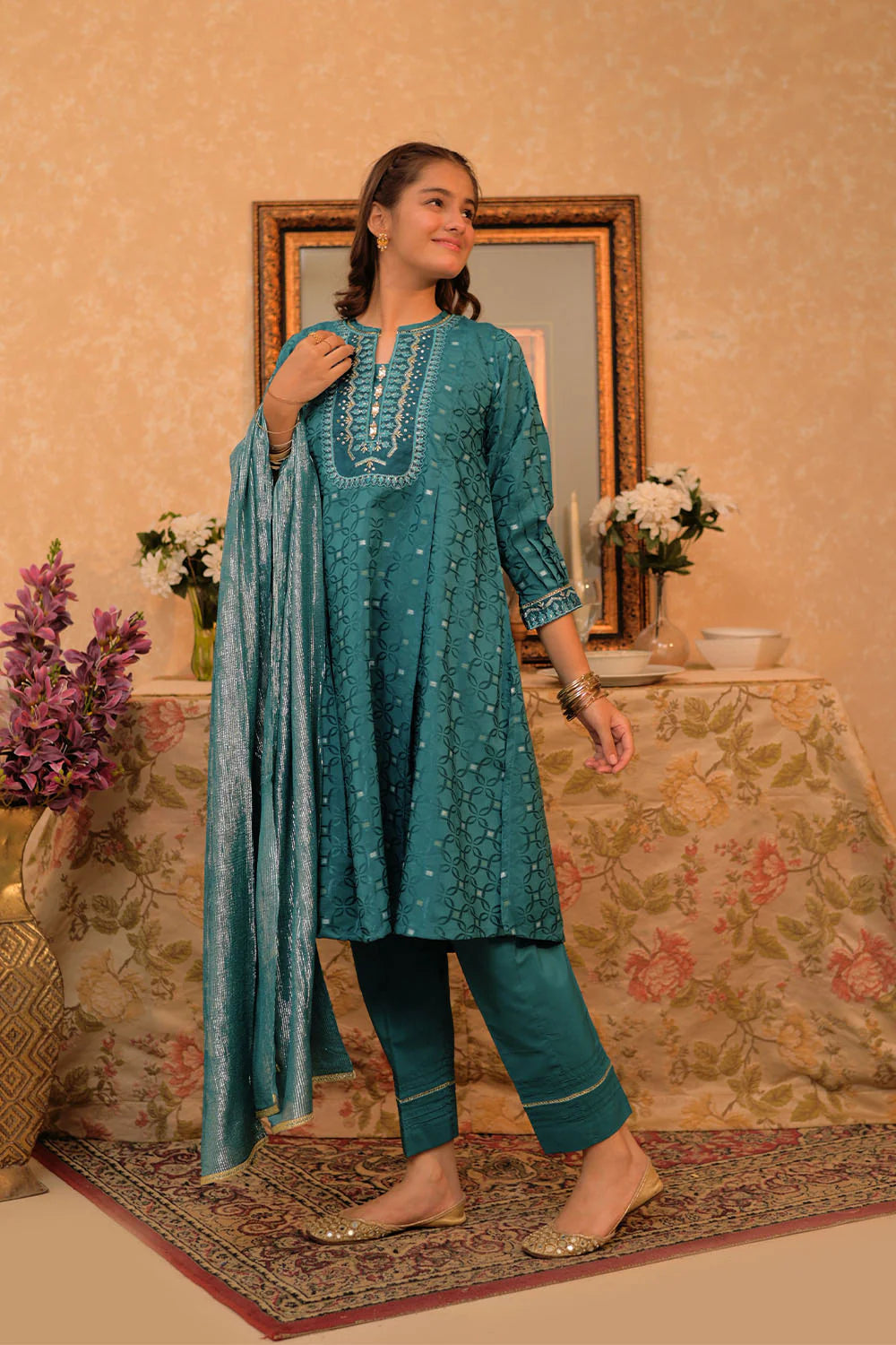 GBD-02864 | Turquoise Blue & Gold | Casual Plus 3 Piece Suit | Cotton Viscose Filament Jacquard