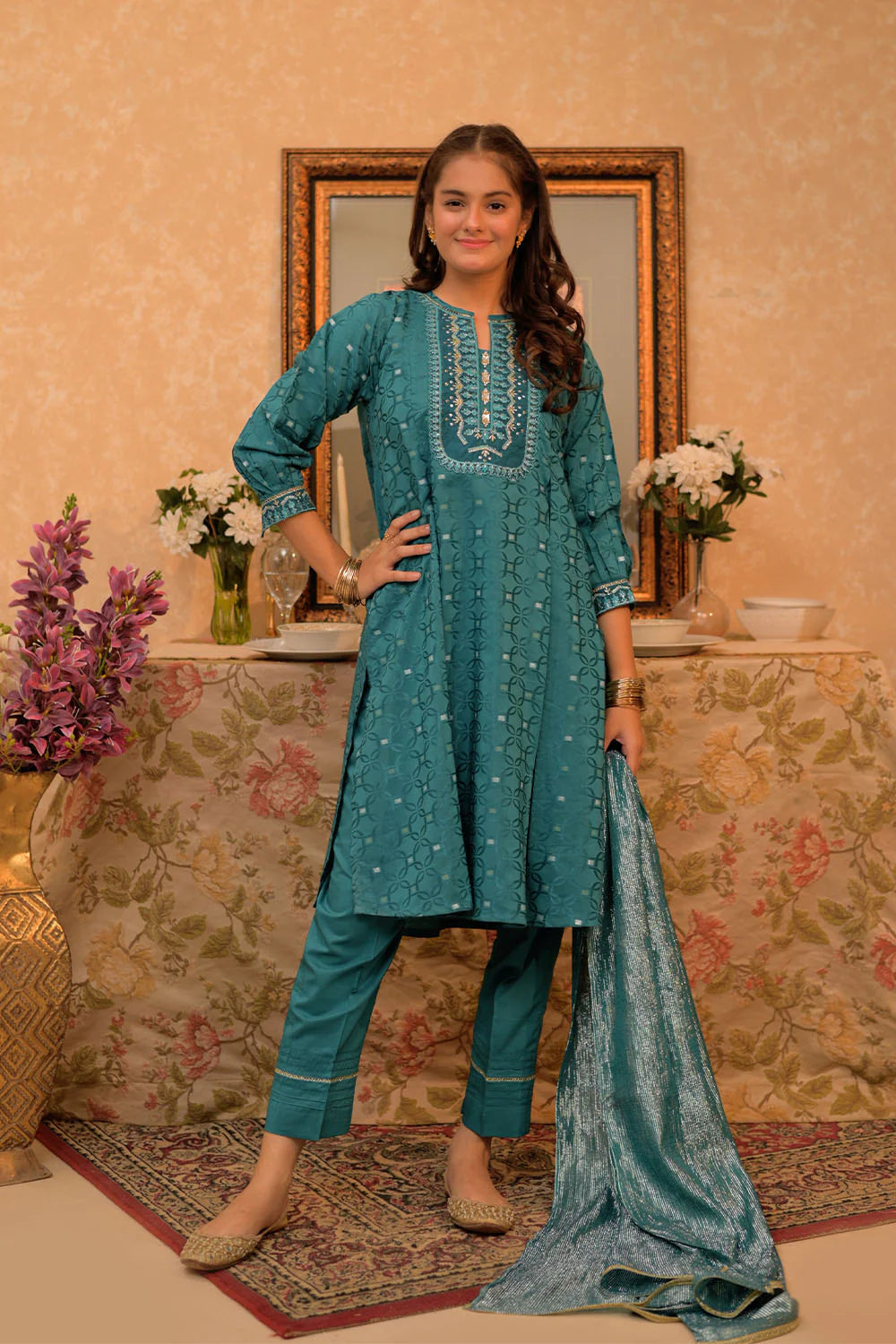 GBD-02864 | Turquoise Blue & Gold | Casual Plus 3 Piece Suit | Cotton Viscose Filament Jacquard