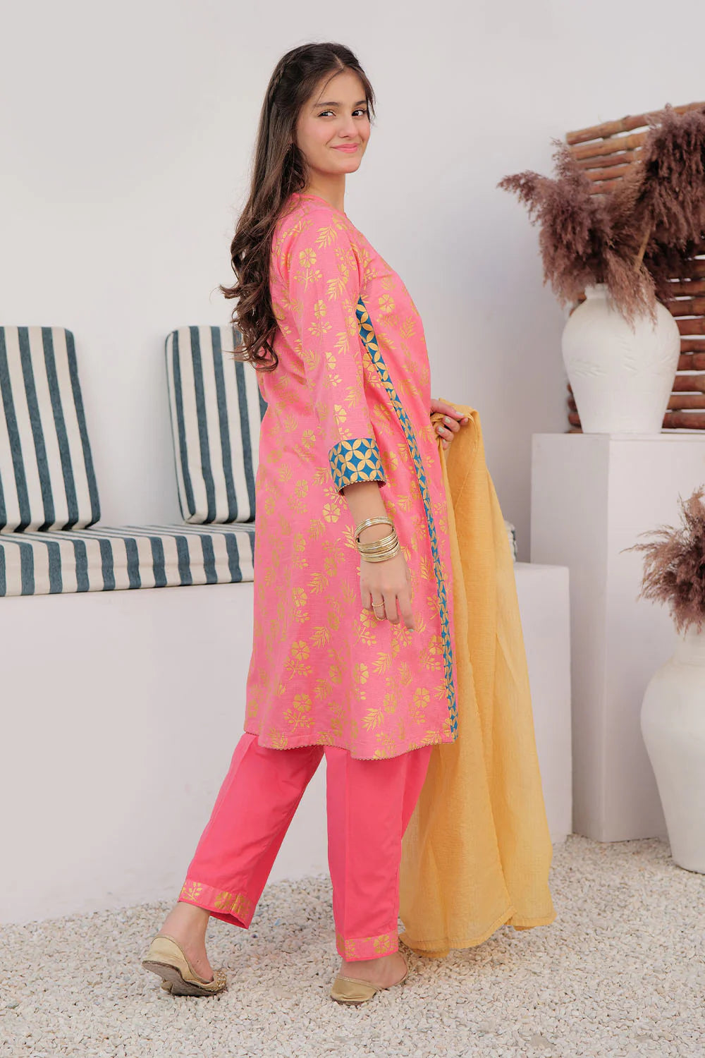 GBD-02980 | Peach & Gold | Casual Plus 3 Piece Suit | Cotton Dobby Gold Print