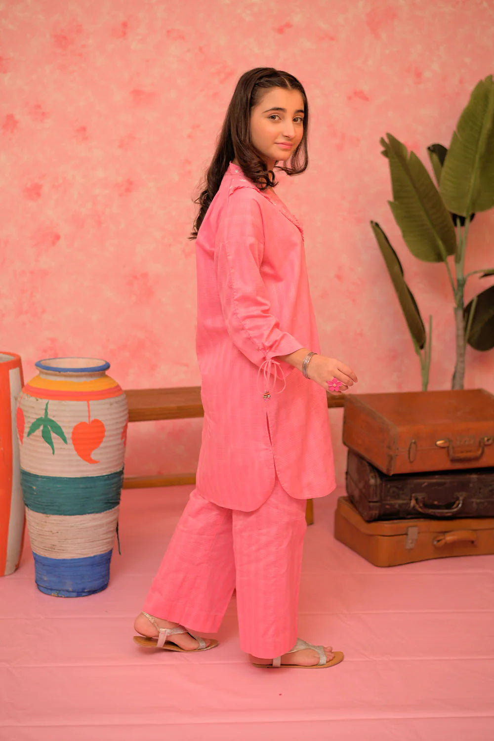 GAD-02877 | Shocking Pink & Silver | Casual 3 Piece Suit | Cotton Self dobby