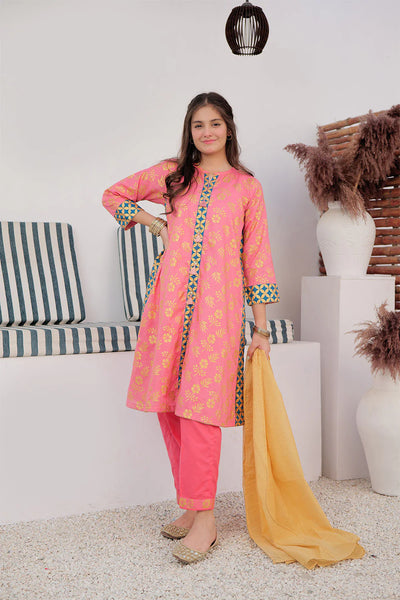 GBD-02980 | Peach & Gold | Casual Plus 3 Piece Suit | Cotton Dobby Gold Print