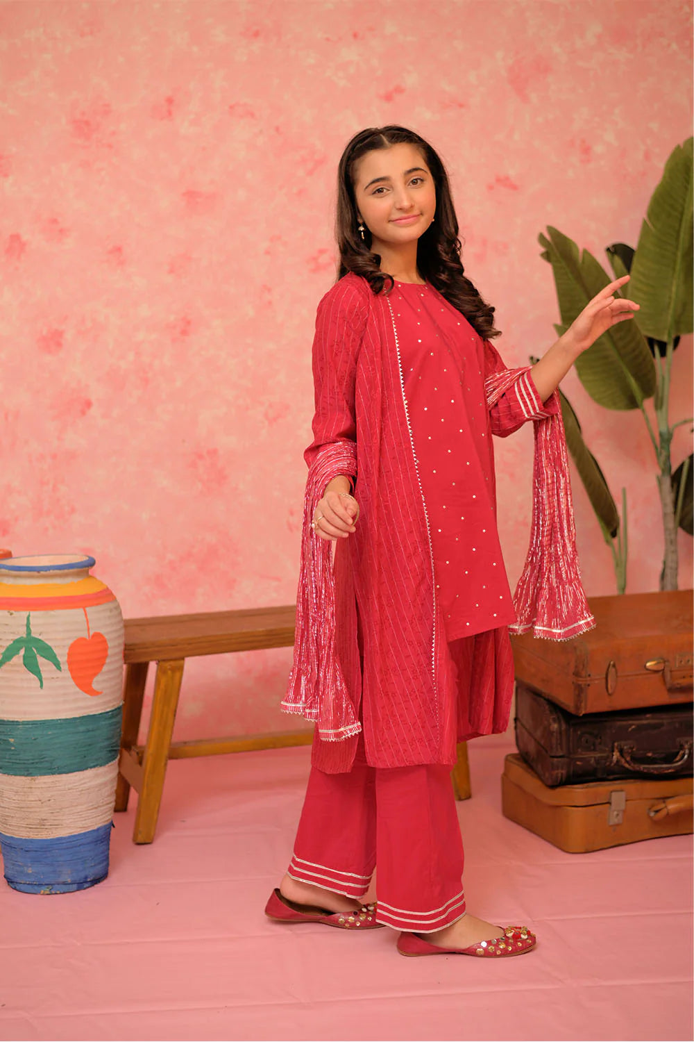 GBD-02865 | Shocking Pink & Silver | Casual Plus 3 Piece Suit | Cotton Viscose Filament Jacquard