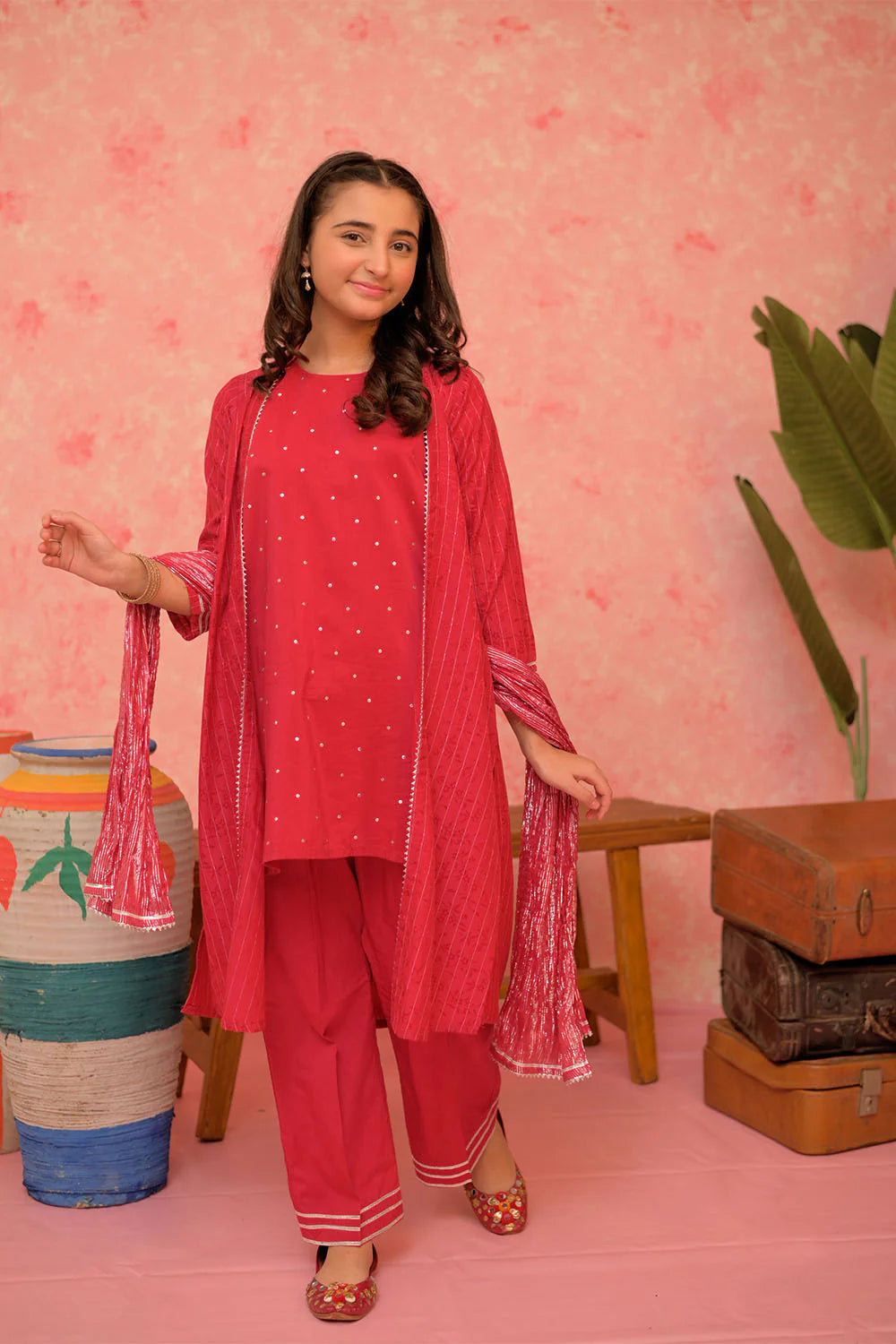 GBD-02865 | Shocking Pink & Silver | Casual Plus 3 Piece Suit | Cotton Viscose Filament Jacquard