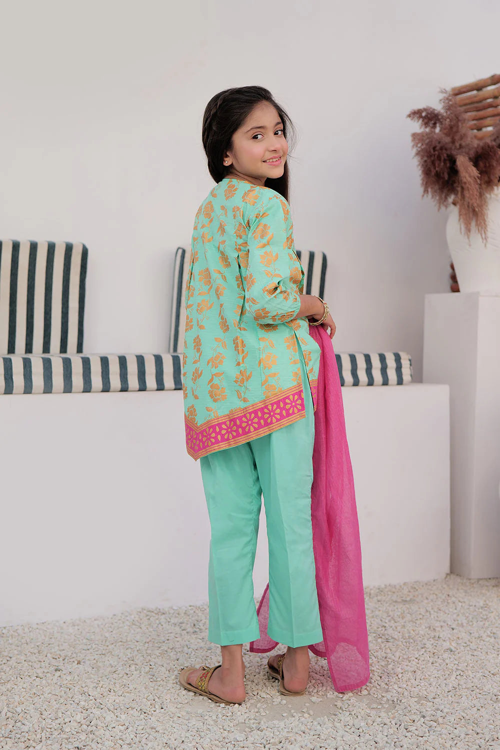 KBD-02979 | Sea Green & Gold | Casual Plus 3 Piece Suit | Cotton Dobby Gold Print