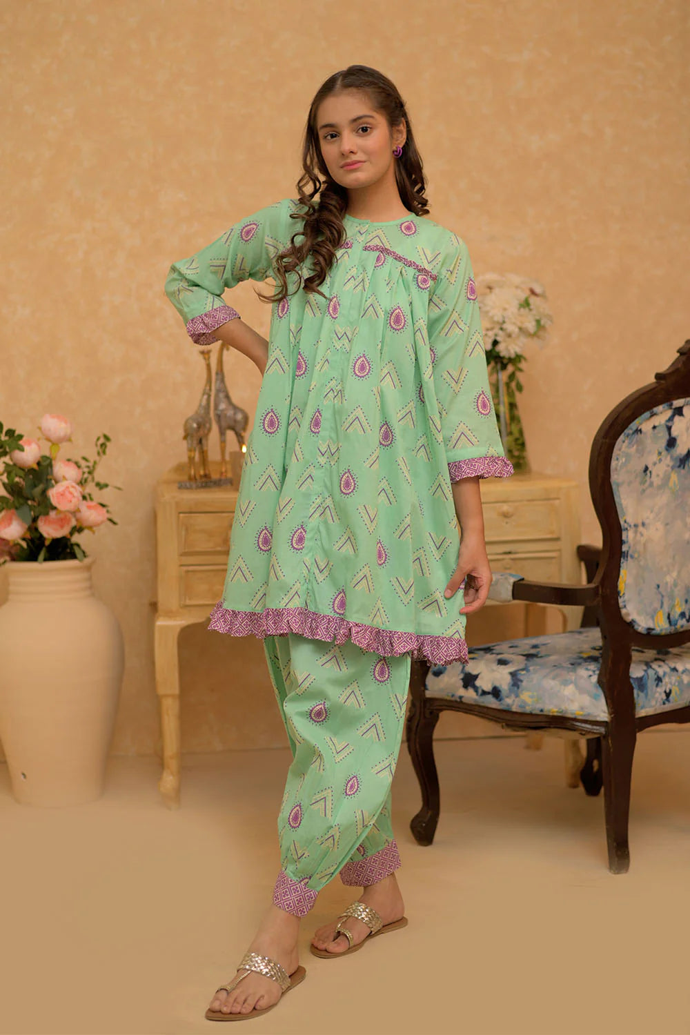 GAC-02818 | Light Green & Multicolor | Casual 2 Piece Suit | Cotton Dobby Print