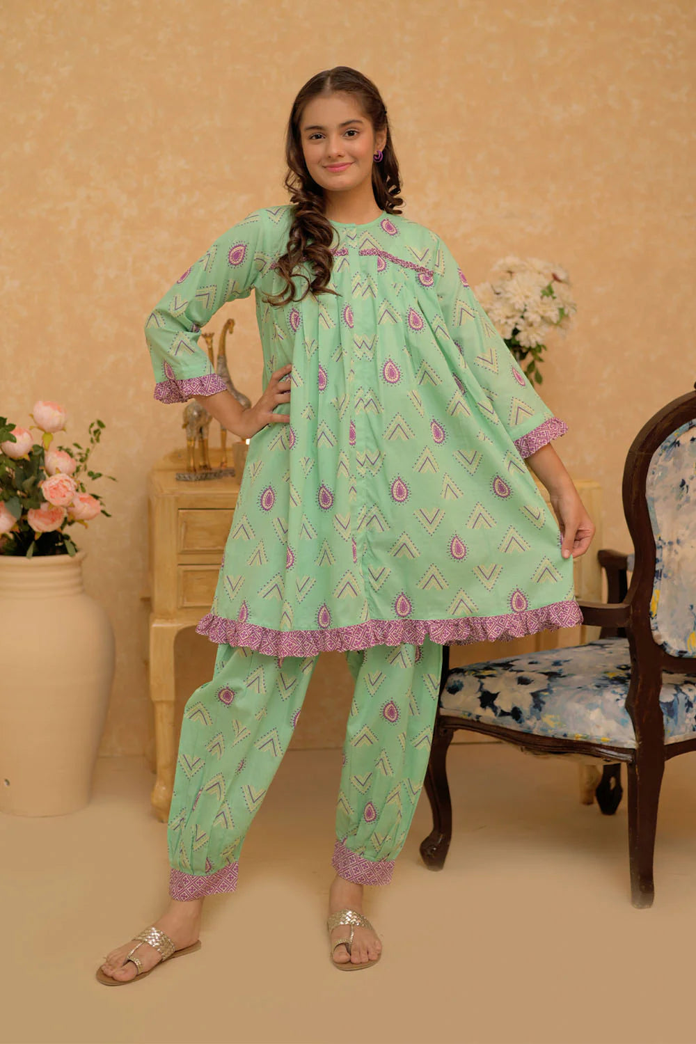 GAC-02818 | Light Green & Multicolor | Casual 2 Piece Suit | Cotton Dobby Print