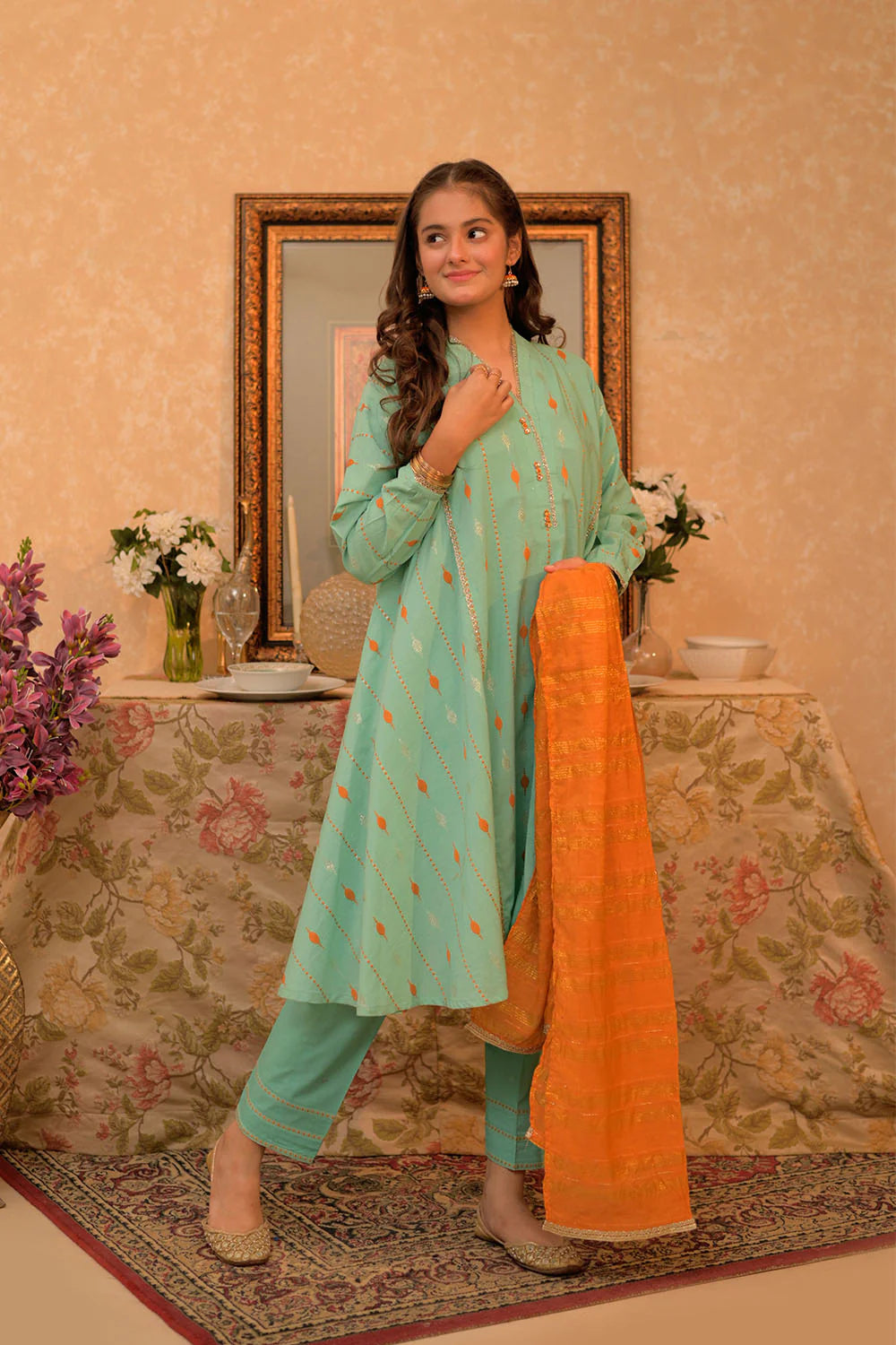 GBD-02932 | Sea Green & Multicolor | Casual Plus 3 Piece Suit | Cotton Jacquard