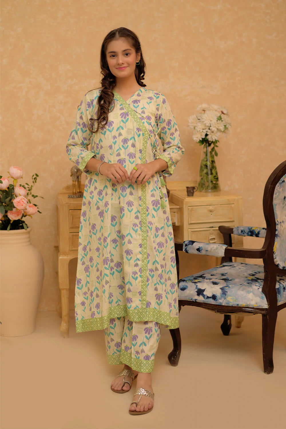 GAC-02807 | Cream & Multicolor | Casual 2 Piece Suit | Cotton Dobby Self