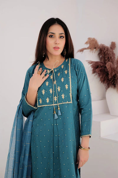 LBD-02709 | Turqouise Green & Gold | Casual Plus 3 Piece Suit | Cotton Viscose Filament Jacquard