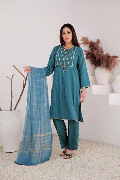 LBD-02709 | Turqouise Green & Gold | Casual Plus 3 Piece Suit | Cotton Viscose Filament Jacquard