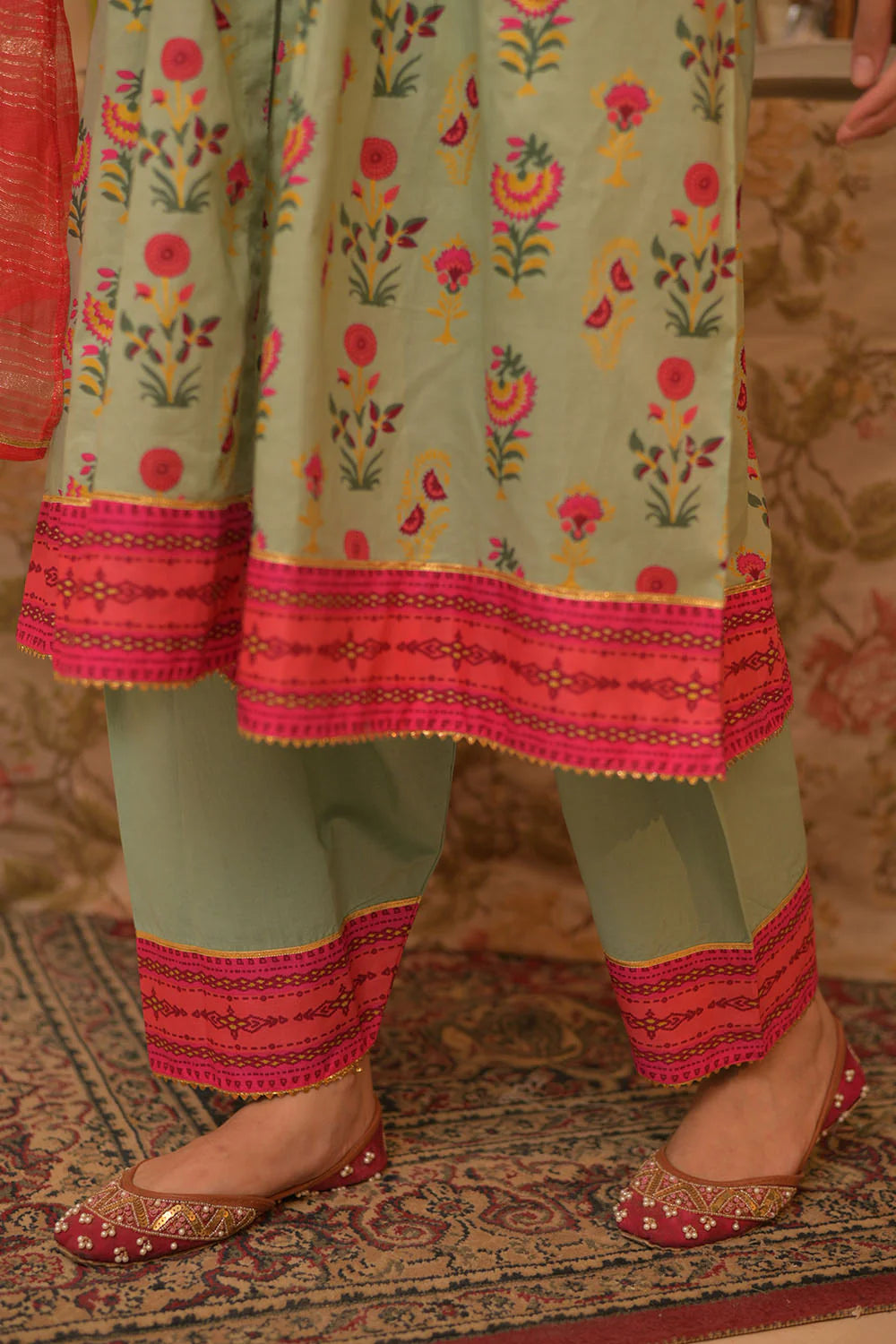 GBD-02941 | Light Green & Multicolor | Casual Plus 3 Piece Suit | Cotton Gold Printed