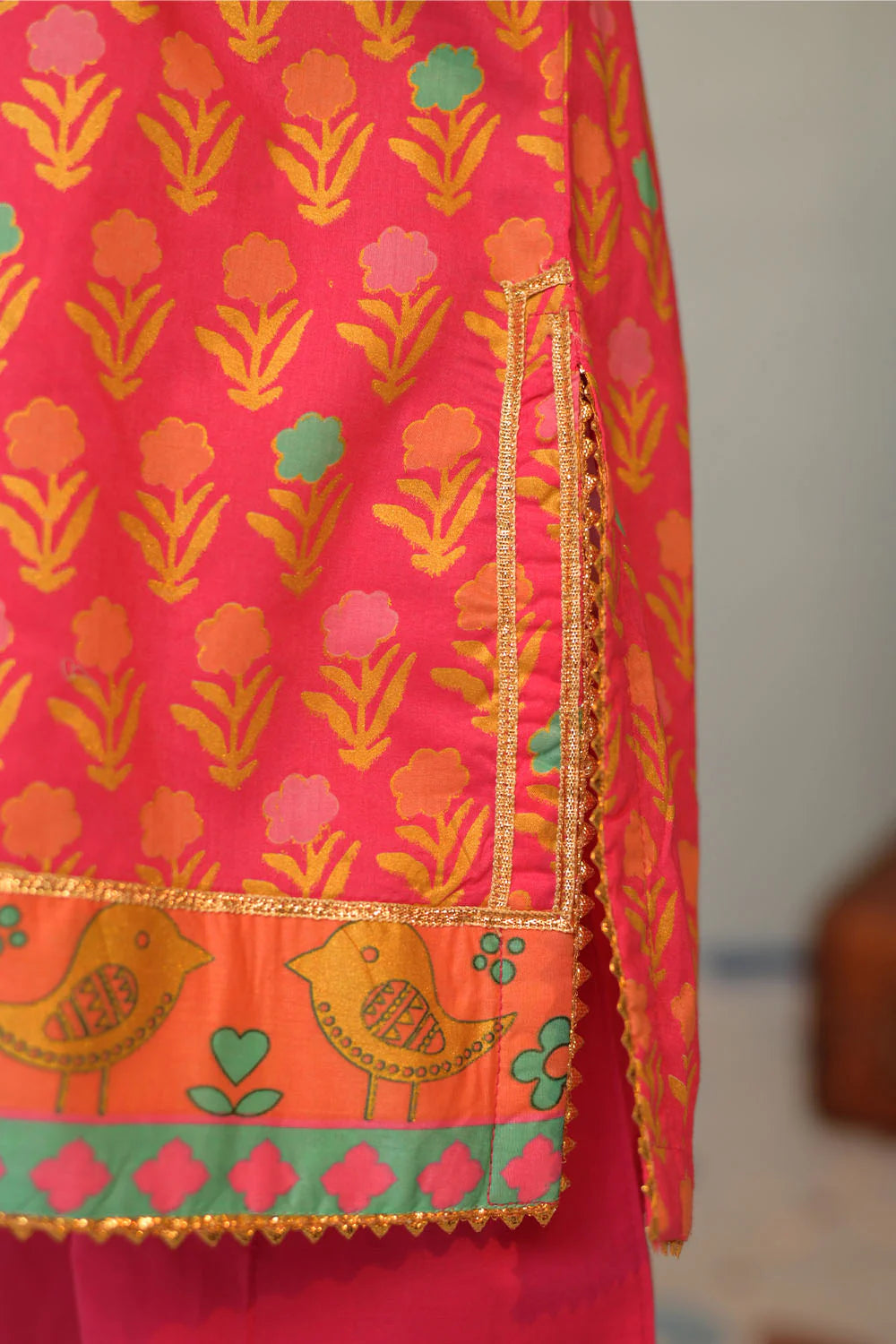 KBD-02921 | Shocking Pink & Multicolor | Casual Plus 3 Piece Suit | Cotton Lawn Gold Printed