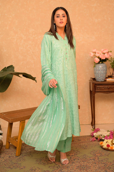 LBD-02862 | Sea Green & Silver | Casual Plus 3 Piece Suit | Cotton Viscose Filament Jacquard