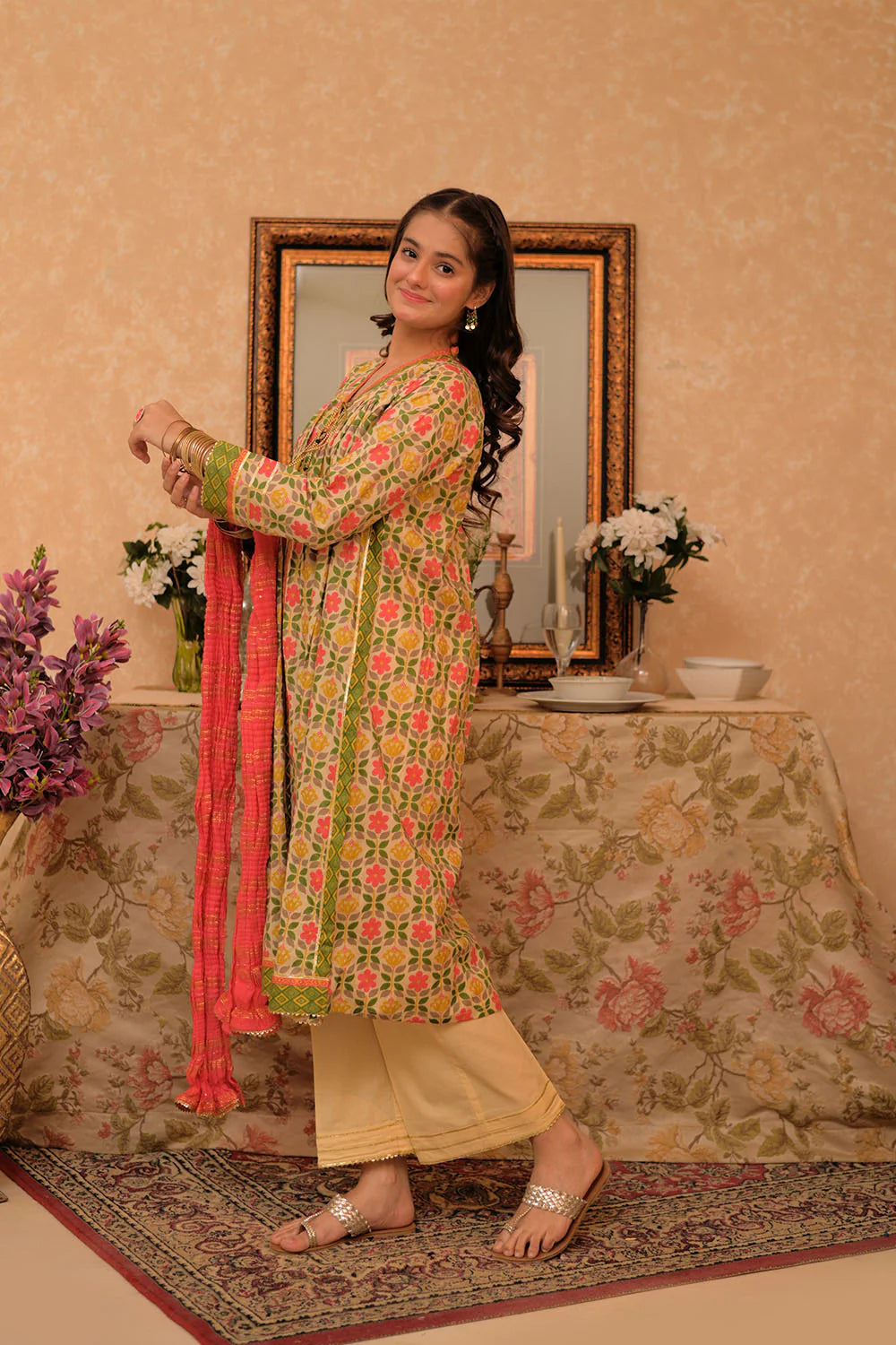 GBD-02954 | Fawn & Multicolor | Casual Plus 3 Piece Suit | Cotton Lawn Gold Printed