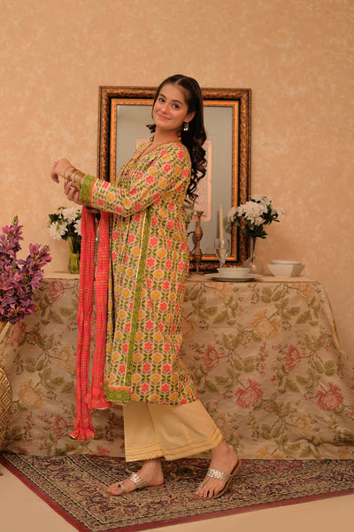 GBD-02954 | Fawn & Multicolor | Casual Plus 3 Piece Suit | Cotton Lawn Gold Printed