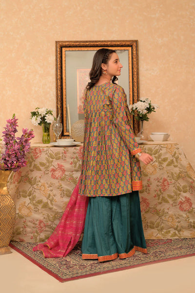 GBD-02953 | Bottle Green & Multicolor | Casual Plus 3 Piece Suit | Cotton Lawn Gold Printed