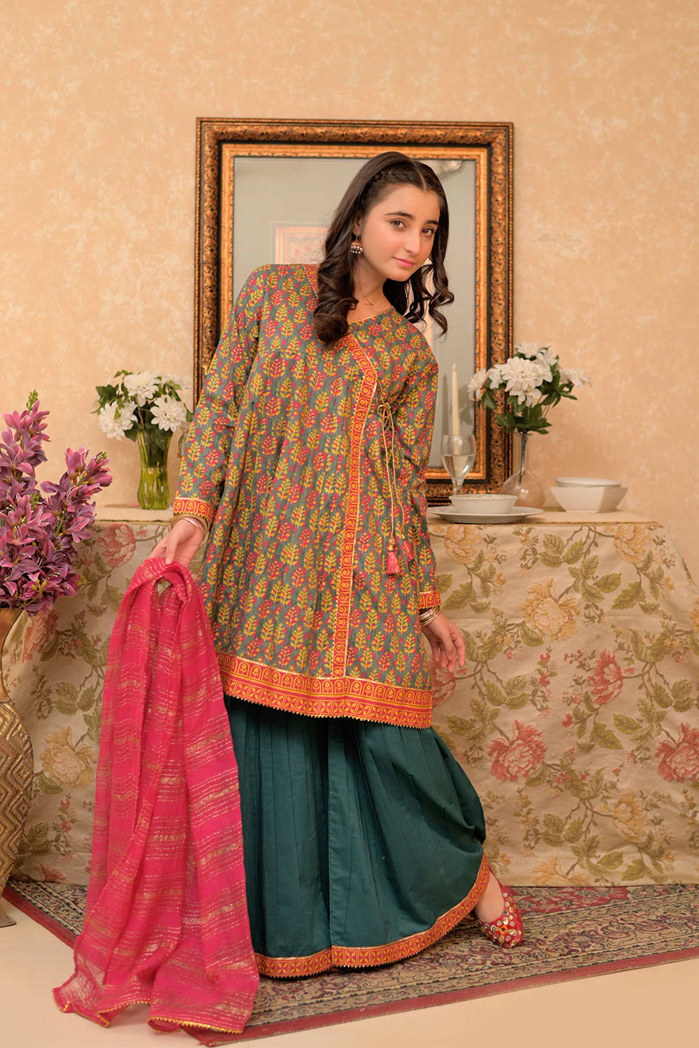 GBD-02953 | Bottle Green & Multicolor | Casual Plus 3 Piece Suit | Cotton Lawn Gold Printed