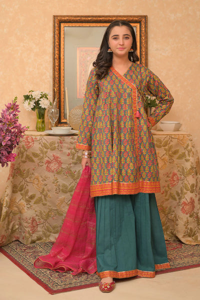 GBD-02953 | Bottle Green & Multicolor | Casual Plus 3 Piece Suit | Cotton Lawn Gold Printed