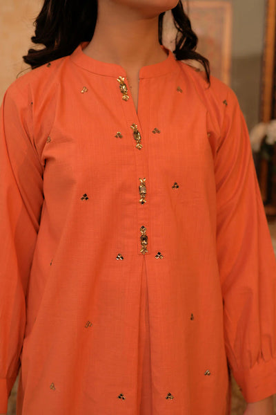 GAD-02878 | Orange & Gold | Casual 3 Piece Suit | Cotton Self dobby