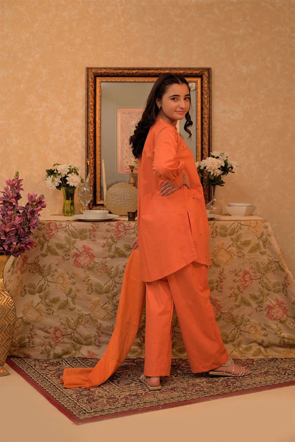 GAD-02878 | Orange & Gold | Casual 3 Piece Suit | Cotton Self dobby