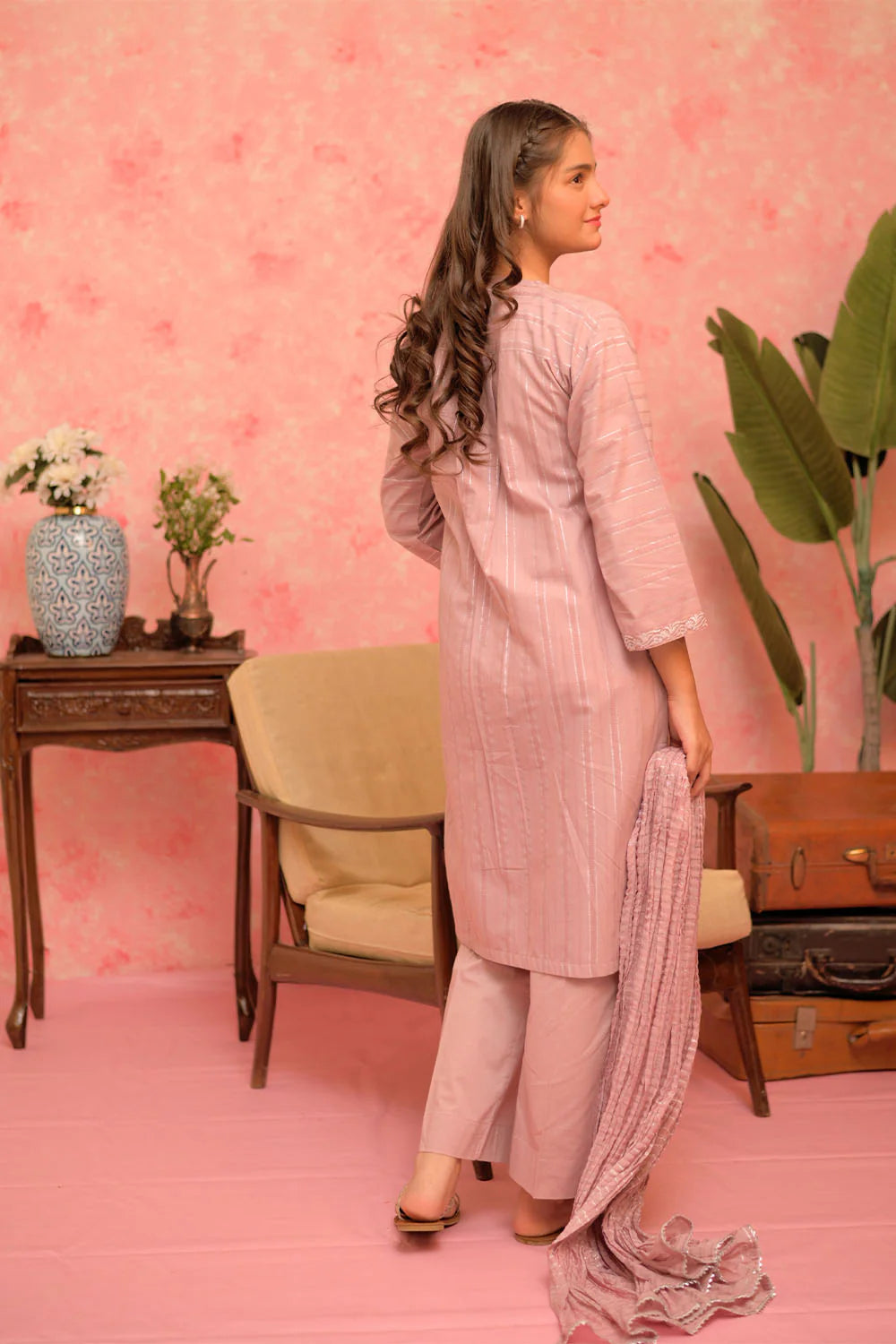 GBD-02897 | Tea Pink & Silver | Casual Plus 3 Piece Suit | Cotton Dobby Jacquard