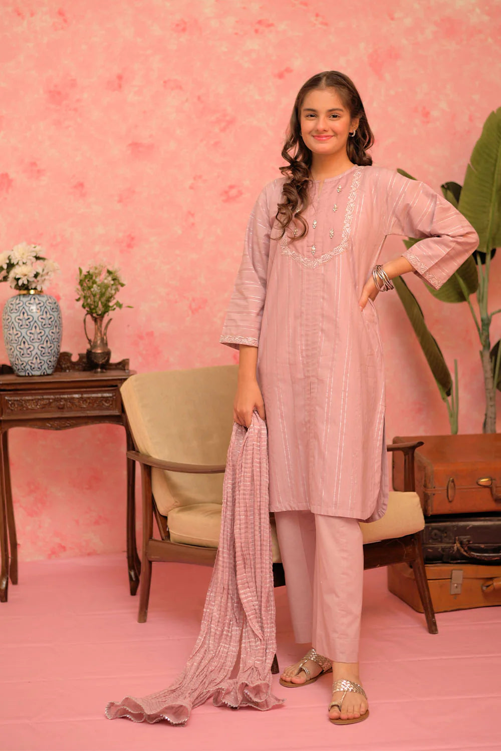 GBD-02897 | Tea Pink & Silver | Casual Plus 3 Piece Suit | Cotton Dobby Jacquard