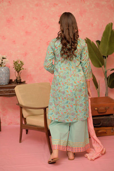 GBD-02885 | Sea Green & Multicolor | Casual Plus 3 Piece Suit | Cotton Lawn Gold Print