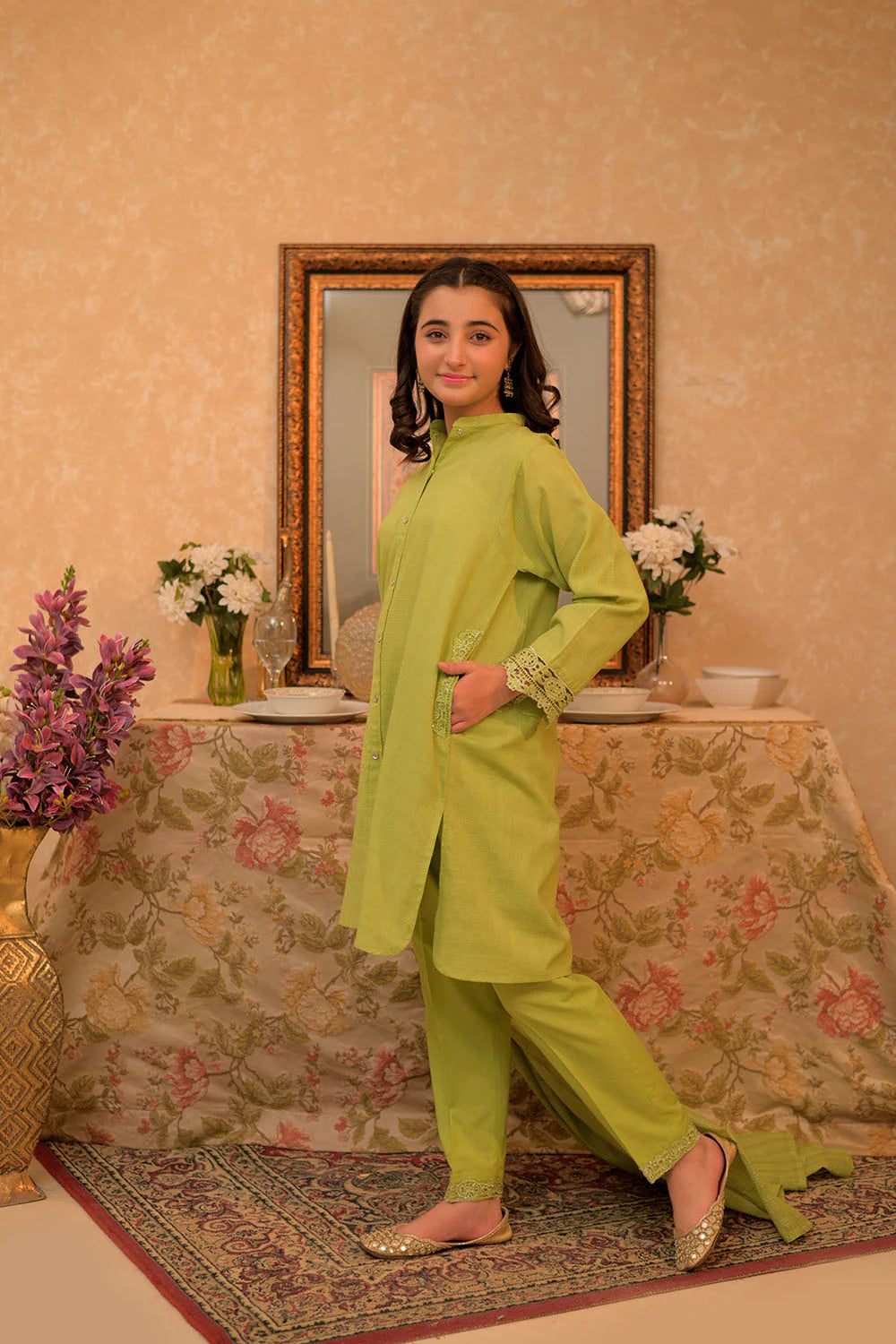 GAD-02908 | Parrot Green | Casual 3 Piece Suit | Cotton Self dobby