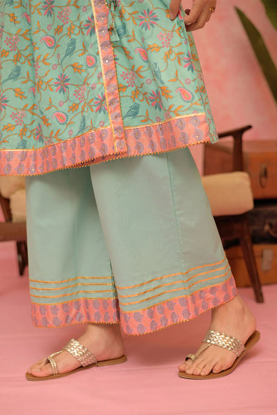 GBD-02885 | Sea Green & Multicolor | Casual Plus 3 Piece Suit | Cotton Lawn Gold Print