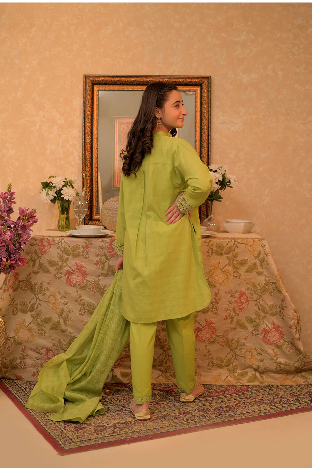 GAD-02908 | Parrot Green | Casual 3 Piece Suit | Cotton Self dobby