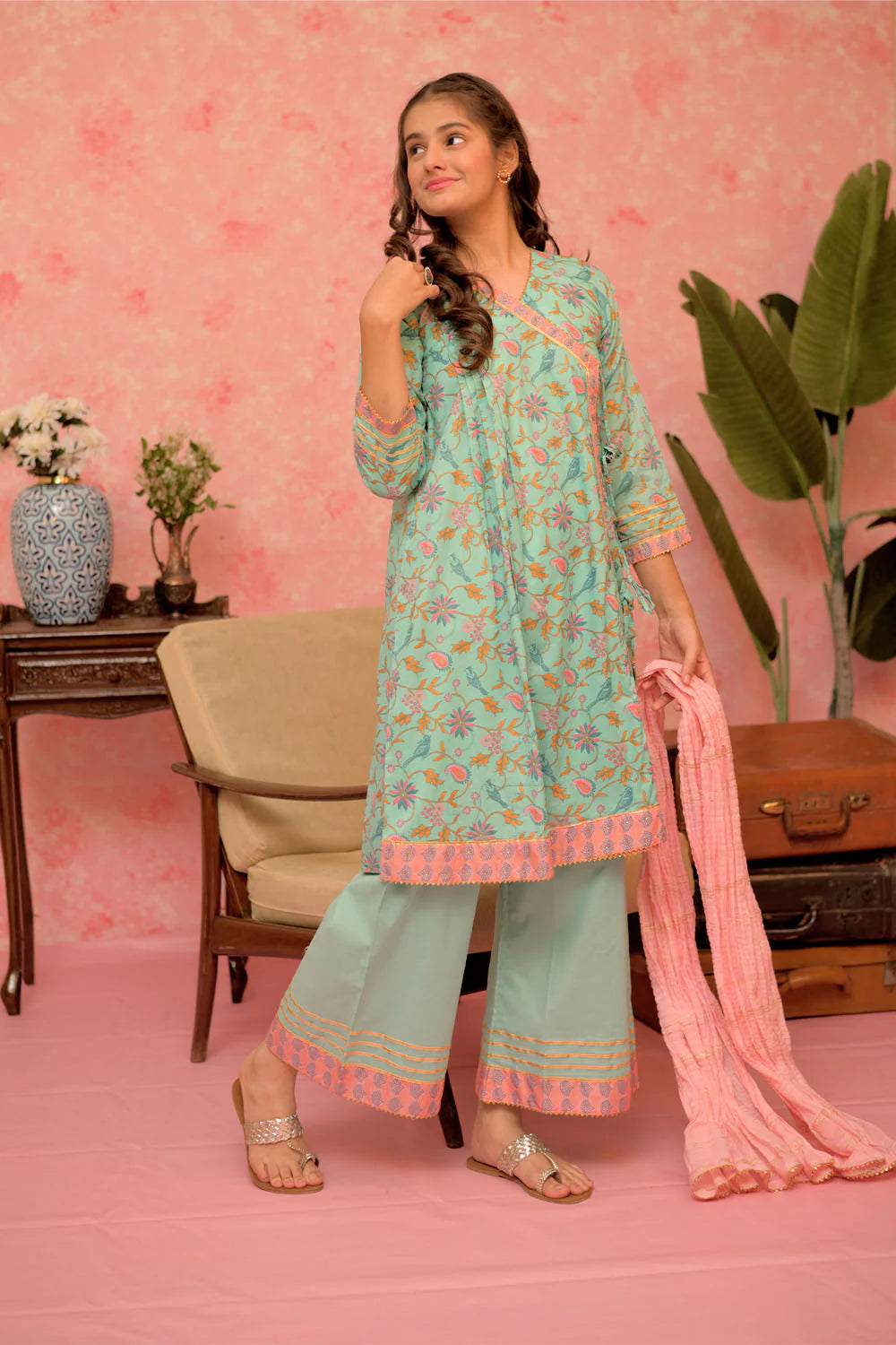 GBD-02885 | Sea Green & Multicolor | Casual Plus 3 Piece Suit | Cotton Lawn Gold Print