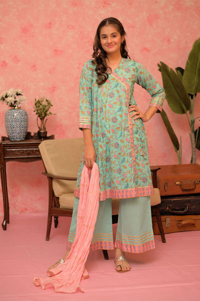 GBD-02885 | Sea Green & Multicolor | Casual Plus 3 Piece Suit | Cotton Lawn Gold Print