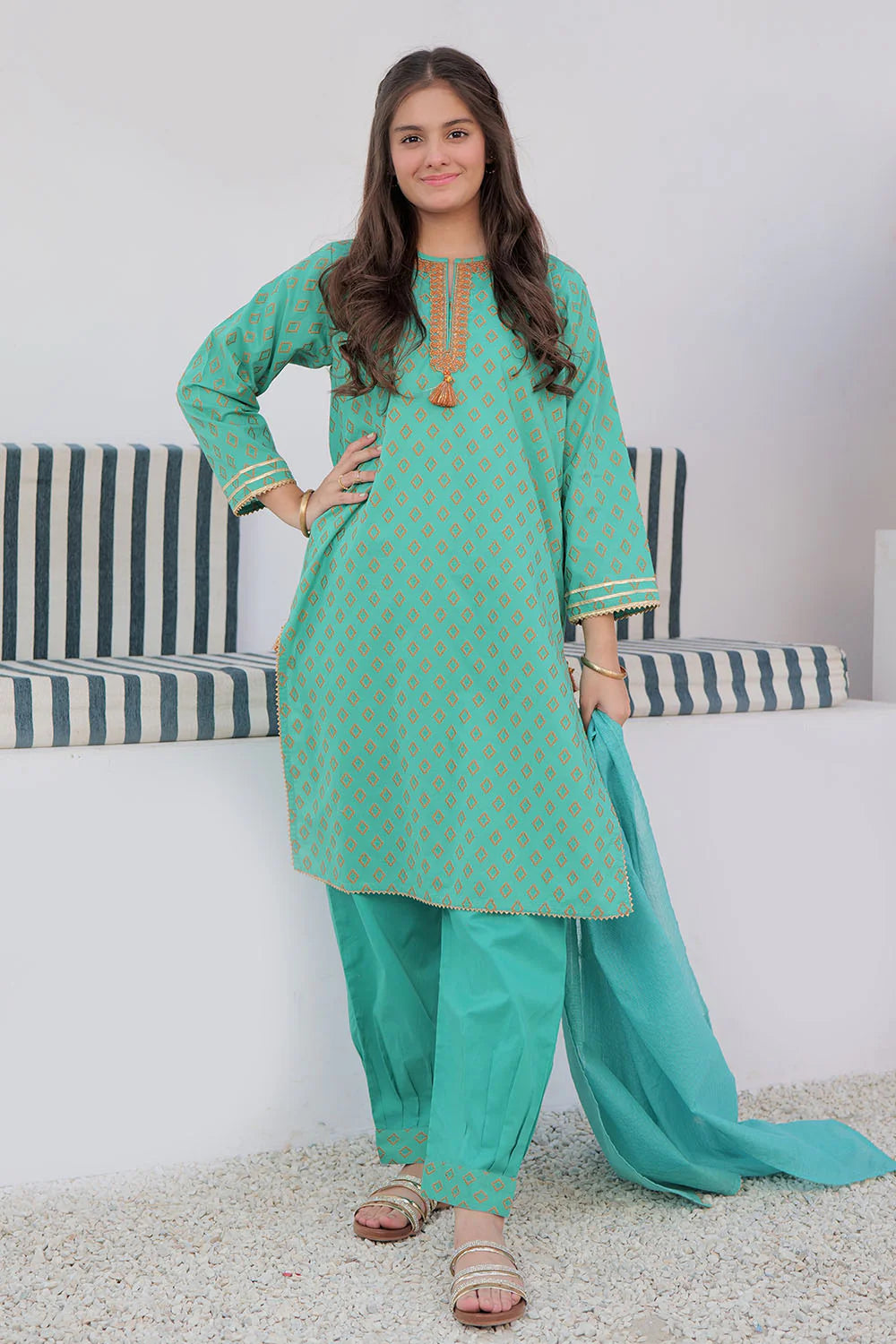 GAD-02928 | Sea Green & Orange | Casual 3 Piece Suit | Cotton Jacquard