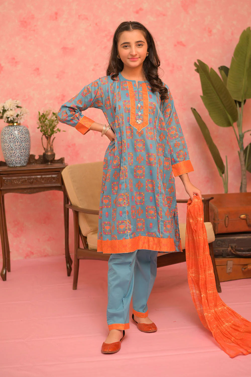 GBD-02884 | Blue & Multicolor | Casual Plus 3 Piece Suit | Cotton Lawn Gold Print