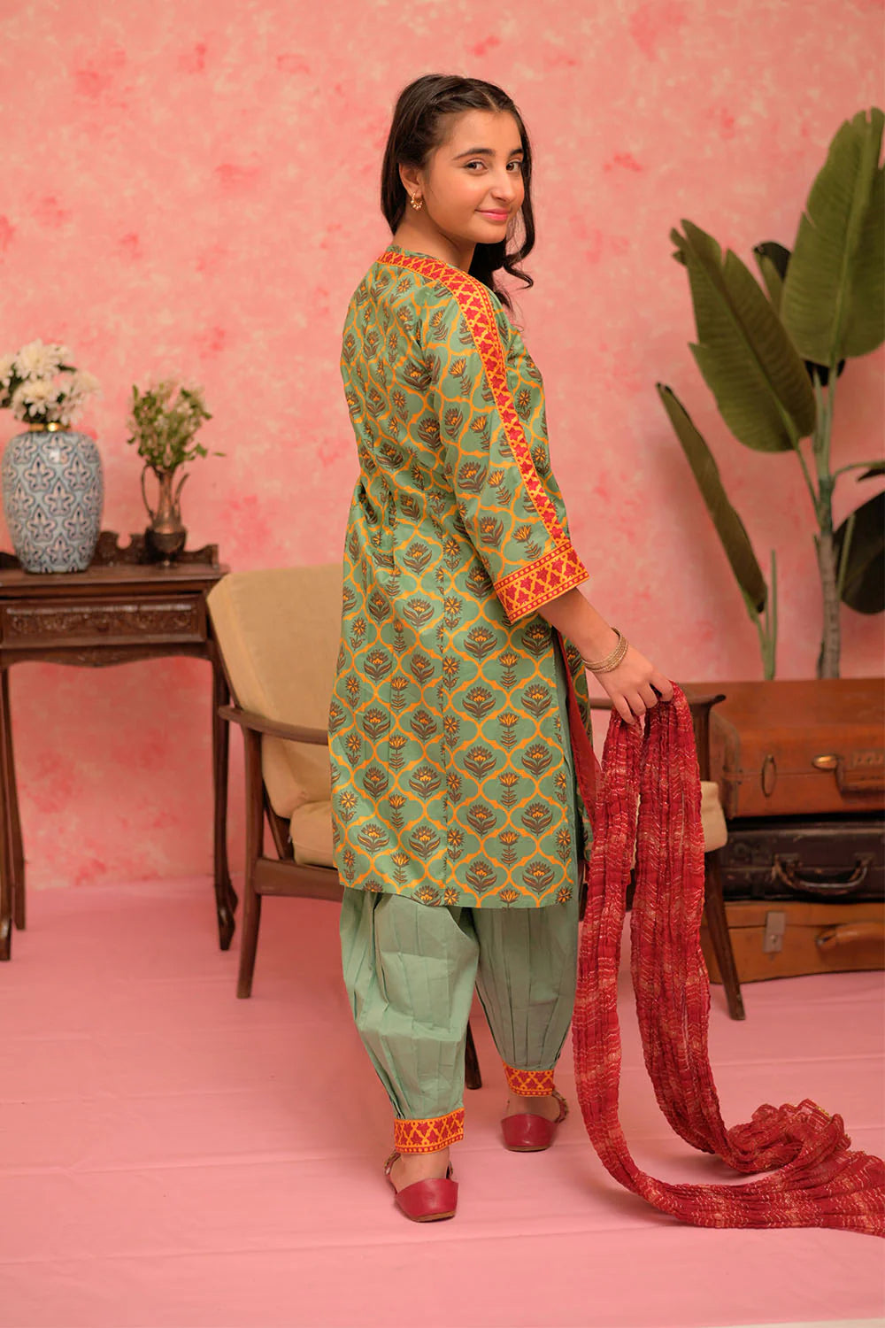 GBD-02886 | Green & Multicolor | Casual Plus 3 Piece Suit | Cotton Lawn Gold Print