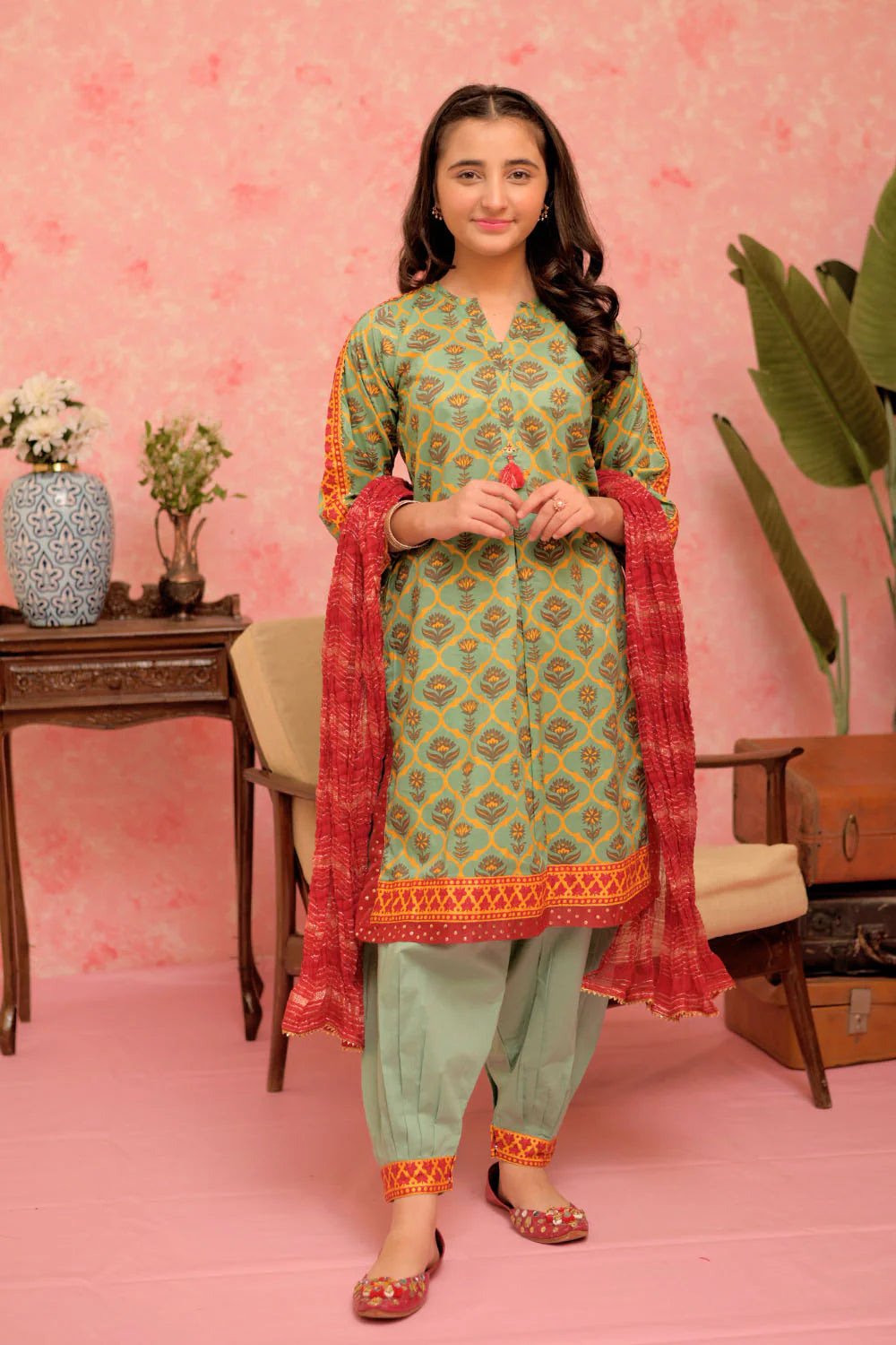 GBD-02886 | Green & Multicolor | Casual Plus 3 Piece Suit | Cotton Lawn Gold Print