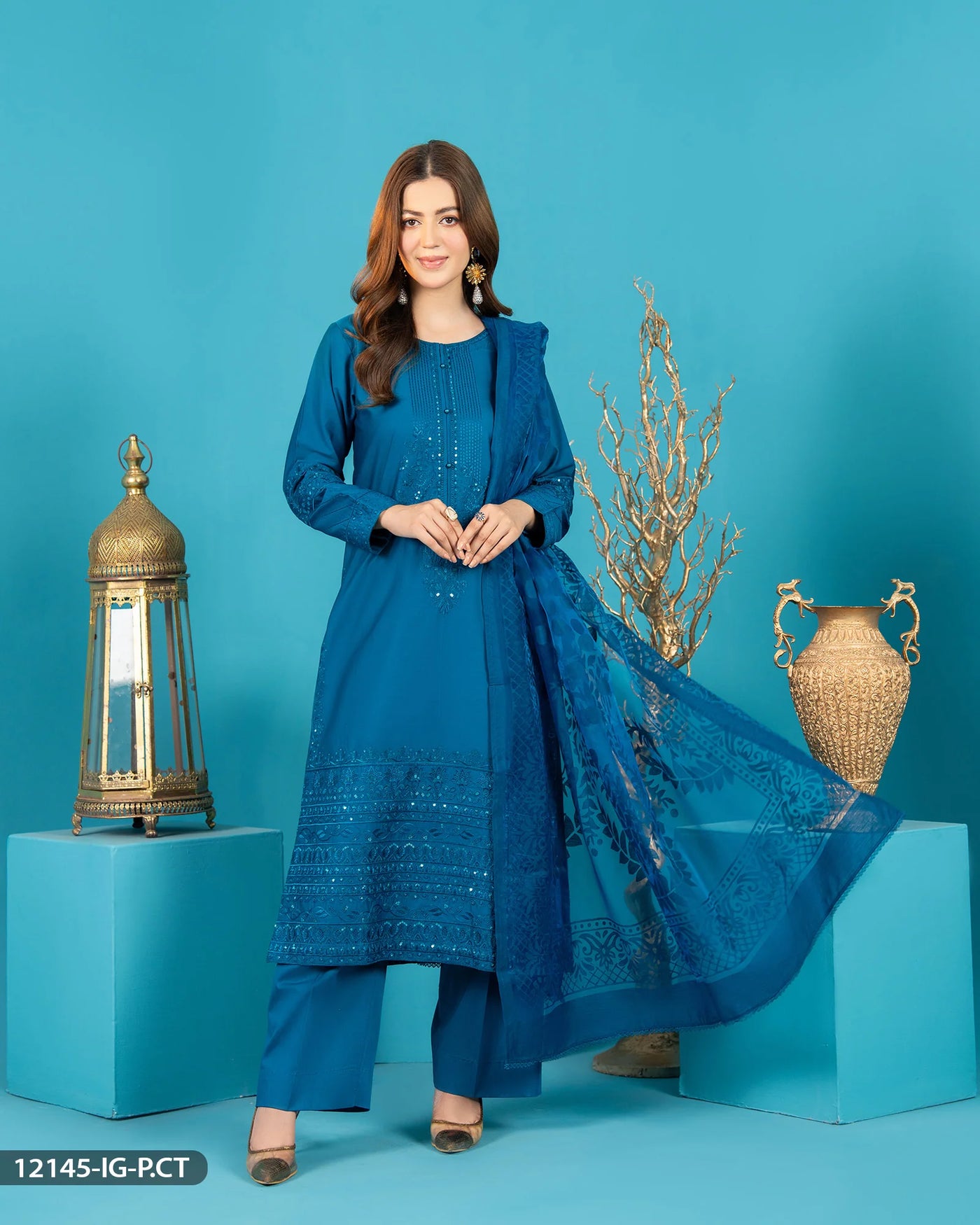 COTTON SATIN 3 Piece Embroidered Suit | 12145-IG-CT.ST