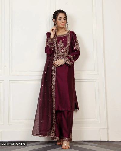 Embroidered Chambray Katan Suit | 2205-AF-S.KTN