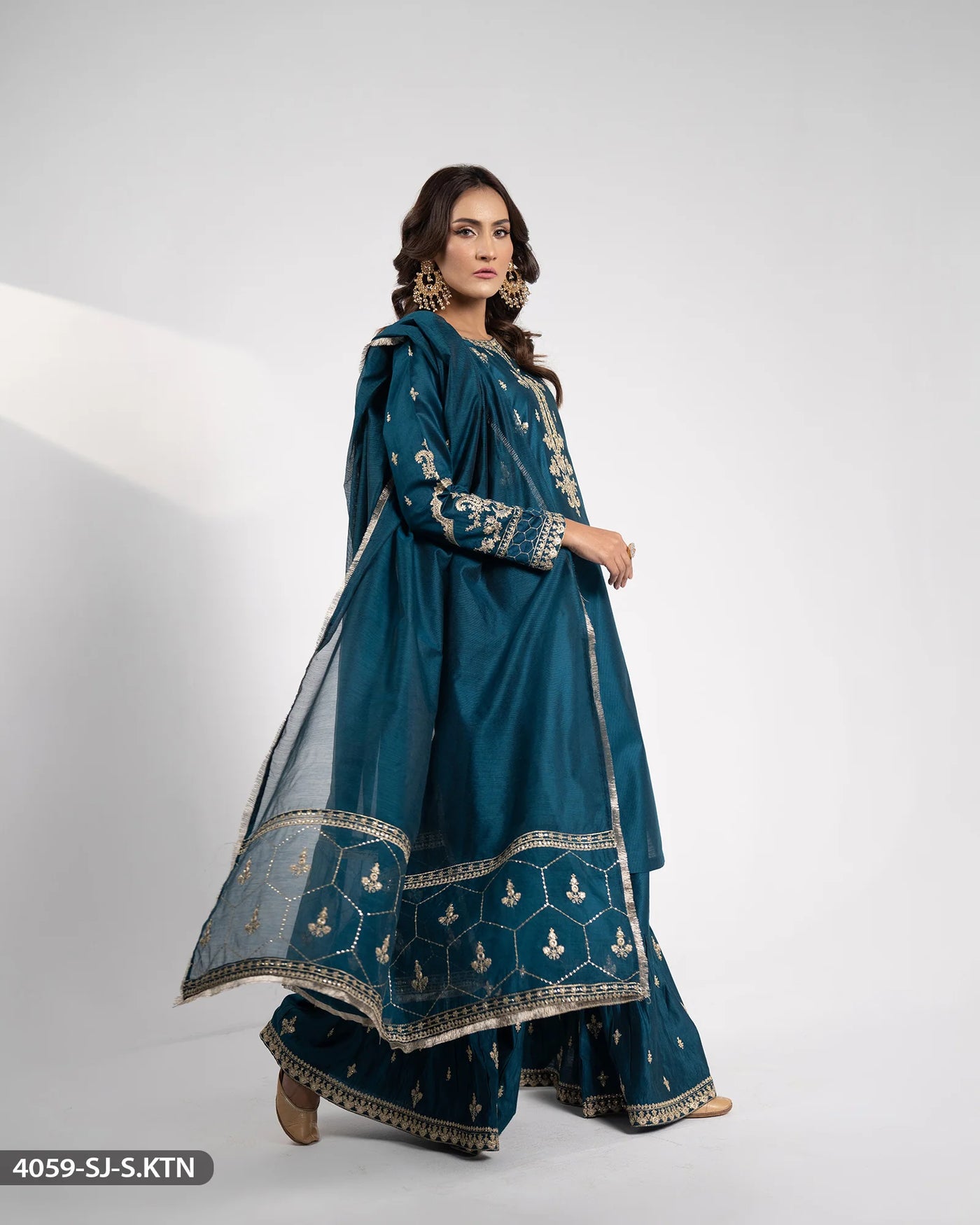 Embroidered Chambray Katan Suit | 4059-SJ-S.KTN