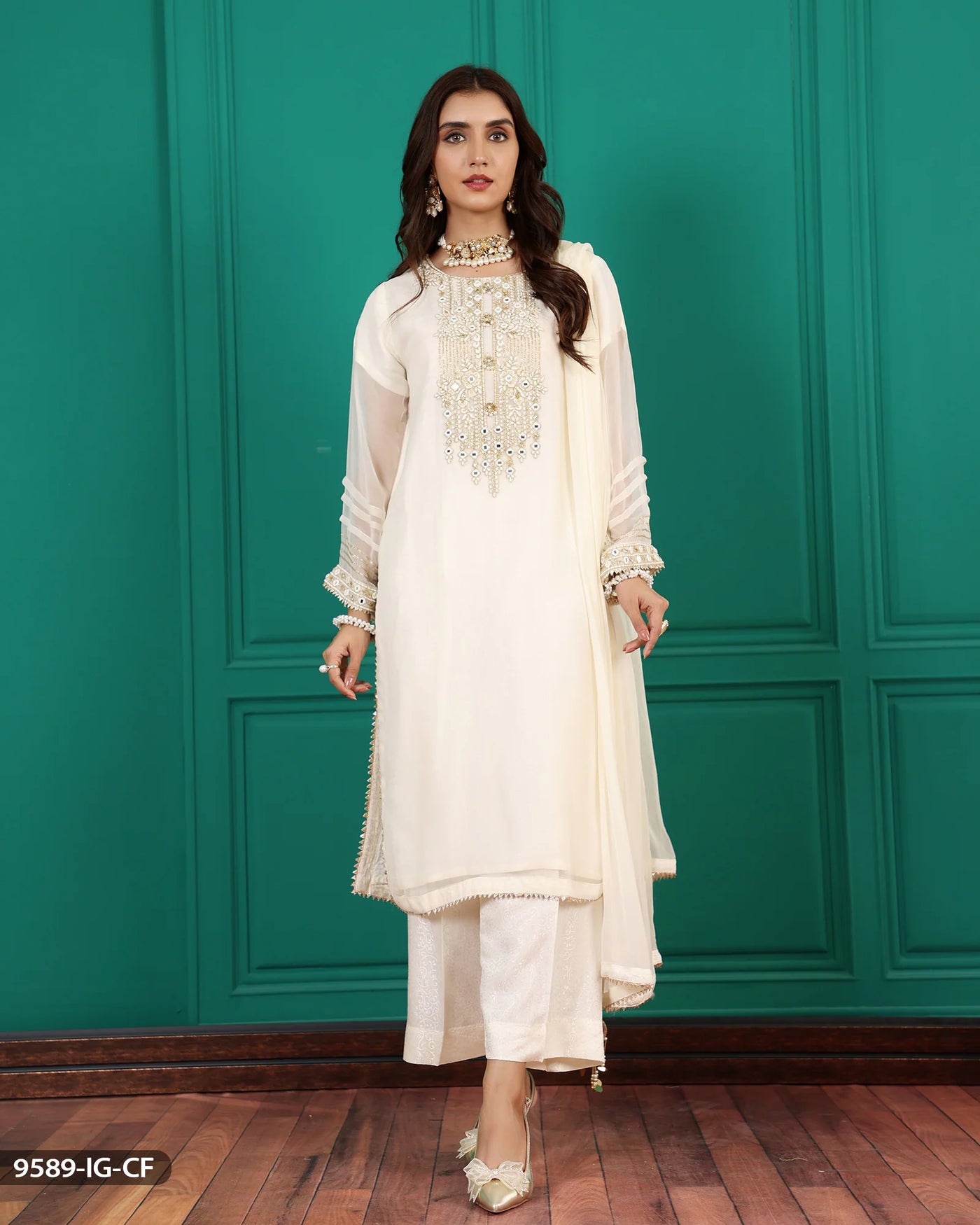 3 Piece Embroidered Chiffon Suit | 9589-IG-CF