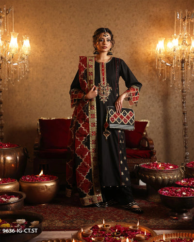 Cotton Satin Embroidered Suit | 9636-IG-CT.ST